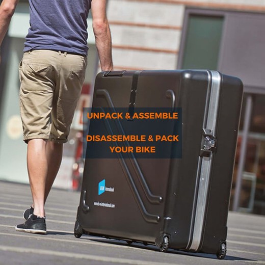 You fly -> we Unpack & Assemble -> you ride (maybe fly?)-> We Disassemble & pack -> You fly