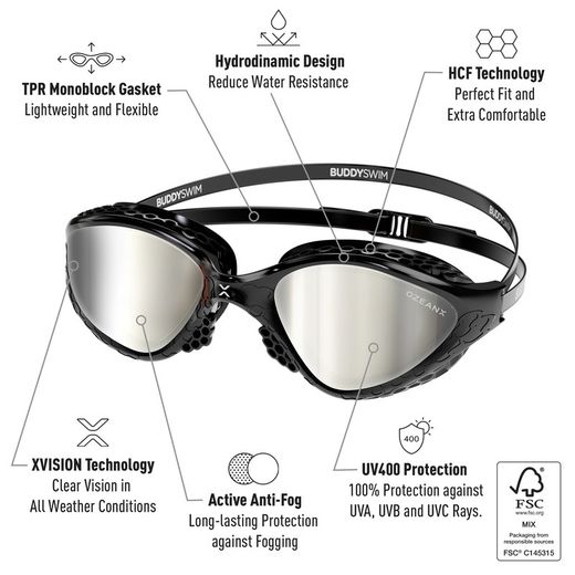 Buddyswim Goggles OzeanX Black/Silver Mirror