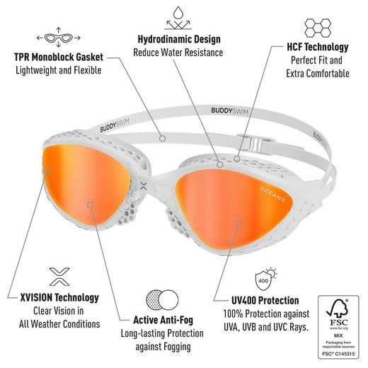 Buddyswim Goggles OzeanX White/Orange Mirror