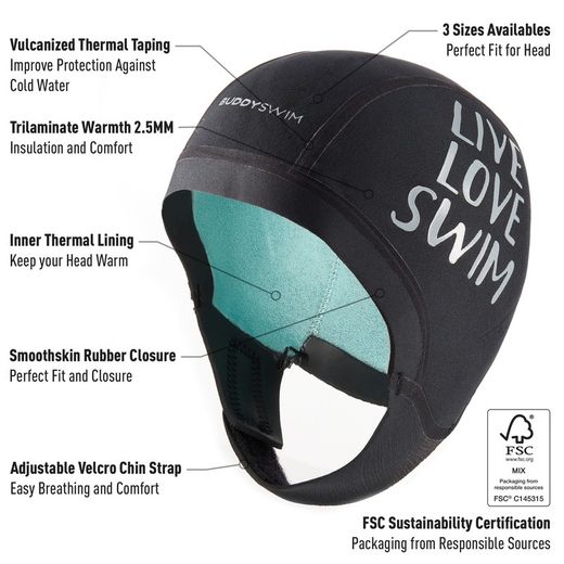 BUDDYSWIM Gorro Neopreno Trilaminate Warmth 2.5mm, Negro