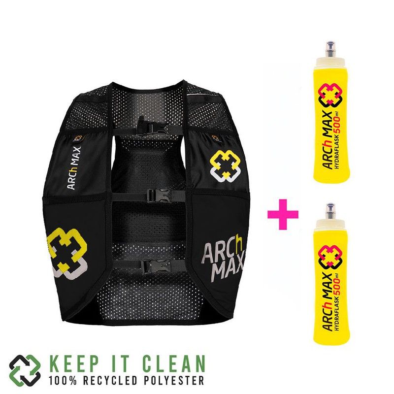 Chaleco Hidratación ARCH MAX 4.5 litros con 2 soft flask de 500 ml. Negro  amarillo — Tri For Fun