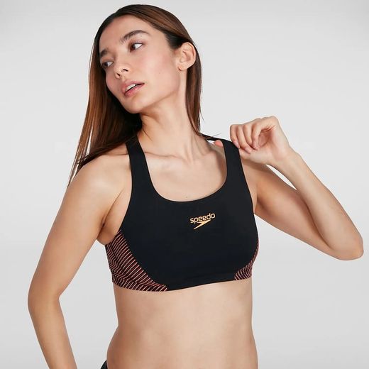 Speedo bikini de entrenamiento para natación negro combinado con naranja y magenta.