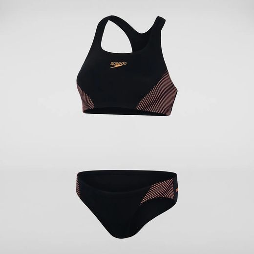 Speedo bikini de entrenamiento para natación negro combinado con naranja y magenta.